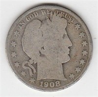 1908 S US Barber Half Dollar Coin 90% Silver