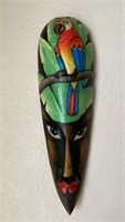 Wooden Carved Mask with Red Macaw Parrot