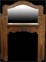 CIRCA 1900 CARVED OAK FIREPLACE MANTLE WITH MIRROR