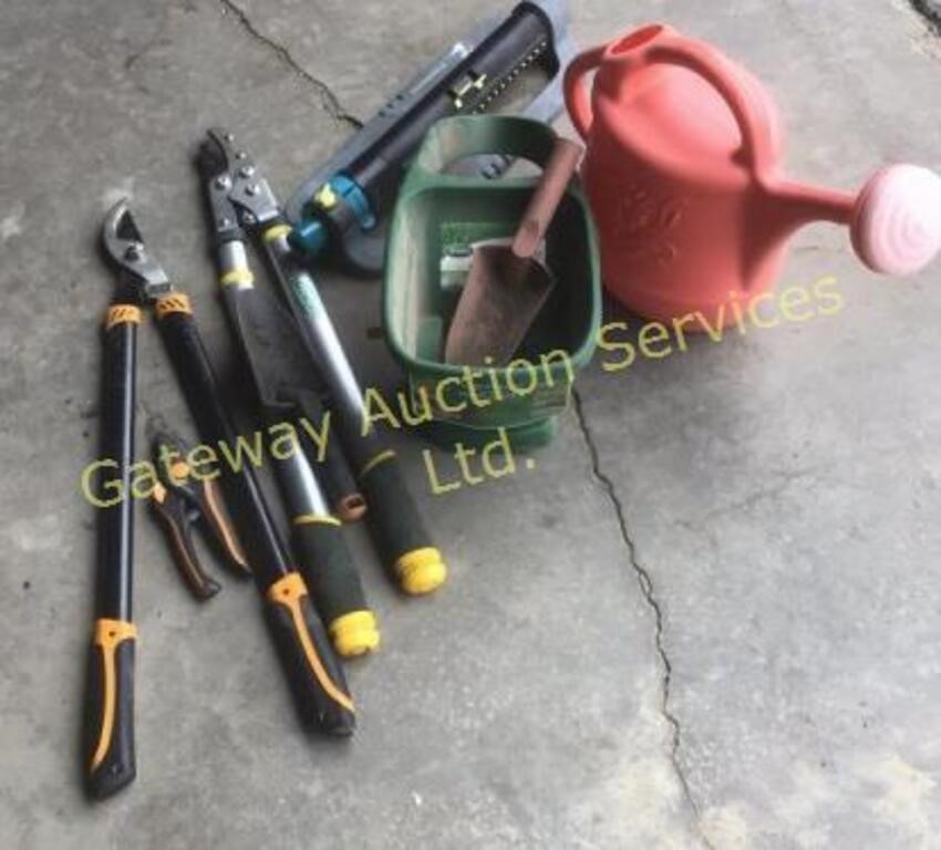 Fertilizer spreader, sprinkler, pruners, watering