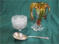 Art glass vase, 4 pressed glass bowls &  serving