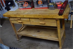 Very Nice Wooden Work Bench w/ Vise & Drawers