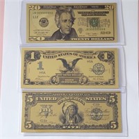 3- GOLD BANK NOTES: $20, $5 & $1