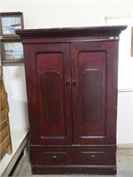 EARLY RED PAINTED 2 DR. ONE DRAWER ARMOIRE