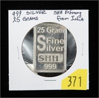 SHH 25 grams .999 fine silver bar, SHH Refinery