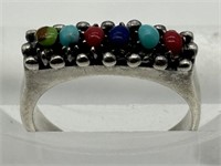 Sterling Turquoise, Coral & Lapis Gemstone Ring
