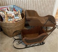 Wooden Doll Cradle, Sleigh and Books