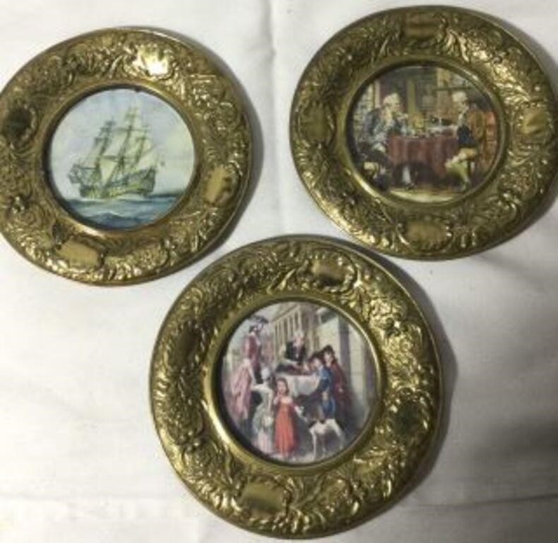 Vintage Brass Frame Pictorial Wall Plates (3)