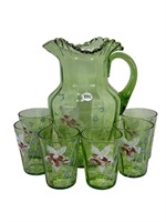 7-Pc Green Hand Painted Pitcher & Glass Set