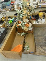 wooden shelf, fly swatter, floral decor