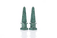 Pair of small green marble obelisks
