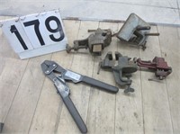 4 small vises & wire rope tool