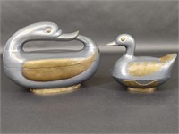 Two Vintage Pewter & Brass Duck Trinket Boxes