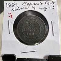 1859 CANADA CENT NARROW 9 TYPE 2