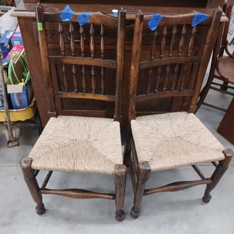 Pair of wooden chairs with woven Rush seats