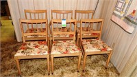 6 Blonde wooden dining chairs, 1 has arms