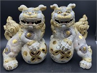 2 PORCELAIN AND HEAVY GOLD LARGE FOO DOGS