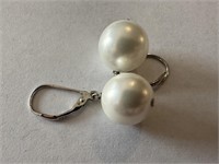 STERLING SILVER FAUX PEARL BALL DROP EARRINGS