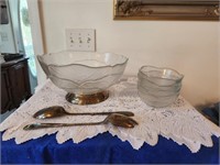 Crystal Leaf Pattern Salad Bowl Set. Utensils