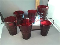 6 Anchor Hocking High Point red glass tumblers -