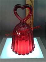 Fenton red glass bell with heart-shaped handle -