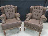 PAIR ULTRA SUEDE BUTTON WING BACK ARM CHAIRS