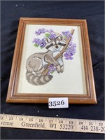 Embroidered / Cross Stitched Framed Raccoon