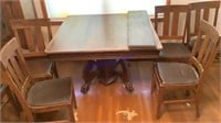 Square oak table, 45”, 6 chairs, 4 leaves