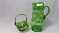 2 pcs green painted victorian glass