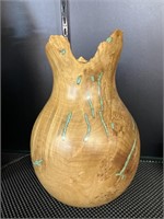 Hand Carved Maple Burl Wooden Vase w/Turquoise