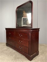 Cherry Stained Six Drawer Dresser w/ Mirror