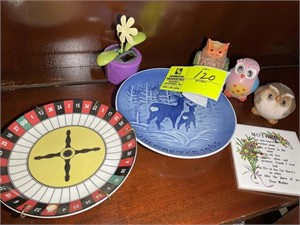 Group of decorative items including owls, and plat