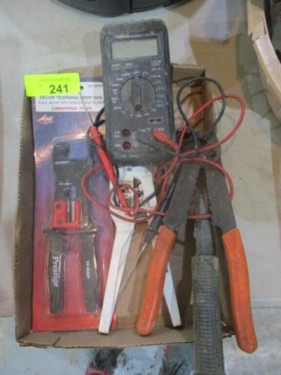 Box w/crimp tools, tester, misc