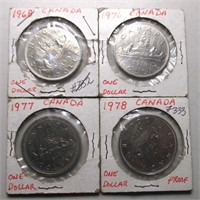 (4) Canadian Dollar Coins 1968, 76, 77, 78