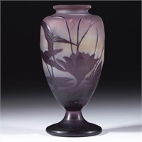 GALLE CAMEO ART GLASS FOOTED VASE, amethyst pond