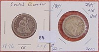 1876, 1891 Seated Quarter VG, G
