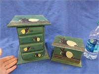 2 smaller vintage painted boxes (green - rabbits)