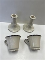 LENOX MOONSPUR CANDLE STICKS & 2 CUPS