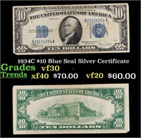 1934C $10 Blue Seal Silver Certificate Grades vf++