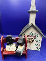 Wooden Bird House and Bench Decor