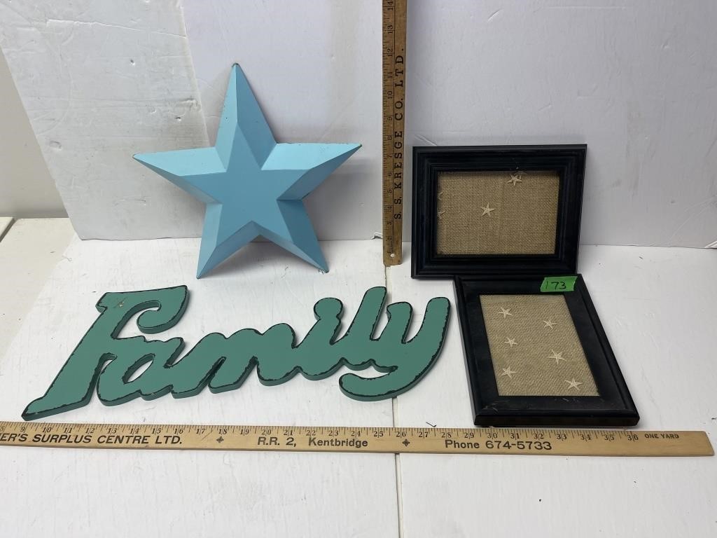 Decor lot- star/ sign & 2 small framed wall art