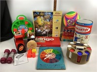 Tinker toys in container, block clock, rubber