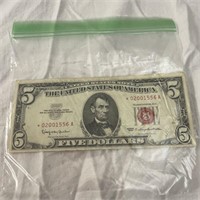 1963 Five Dollar Star Replacement Red Seal Note