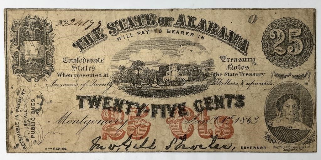 1863 Alabama Confederate 25 Cents Note