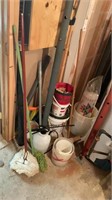 Sprayer, clothespins, 5 gallon bucket, and more