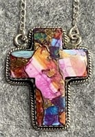 Spiny Oyster Turquoise Cross Pendant Necklace 13.3