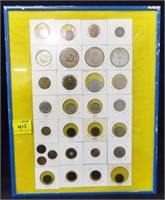 FRAMED COLLAGE OF 30 VARIOUS COINS AND TOKENS
