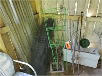 LOT RABBIT FENCING- TOMATO CAGES- METAL POSTS