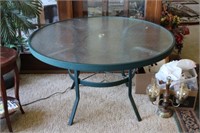 Large Green Metal Glass Top Patio Table with
