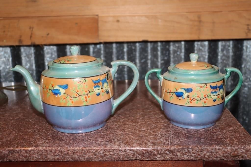 Hand painted lusterware teapot and sugar dish